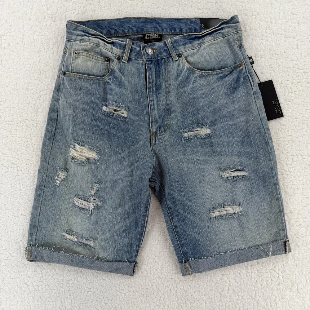 CSG Denim Shorts Mens 32 Blue Distressed Cuffed Jean Cutoff‎ Cotton Casual